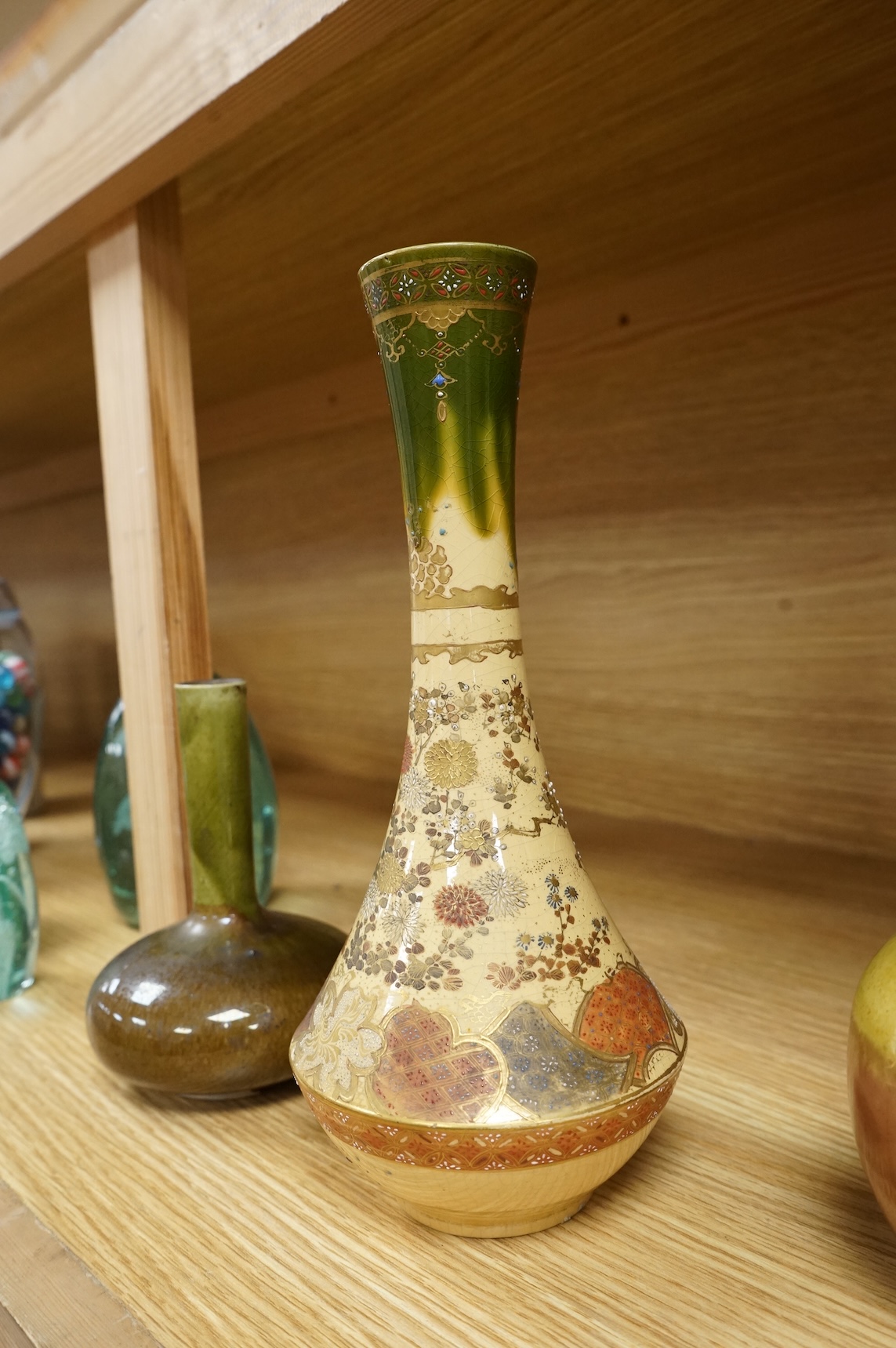 Three Japanese bottle neck vases and a Satsuma example, signed to the base, largest 25cm high